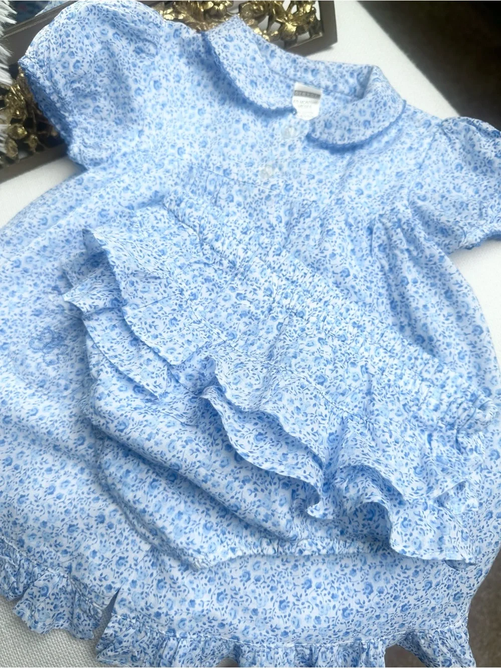 George Vintage Cottagecore Whimsy Blue Ditsy Floral Dress Set Size 6-9 Months